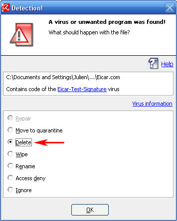 Alerte de virus dtect